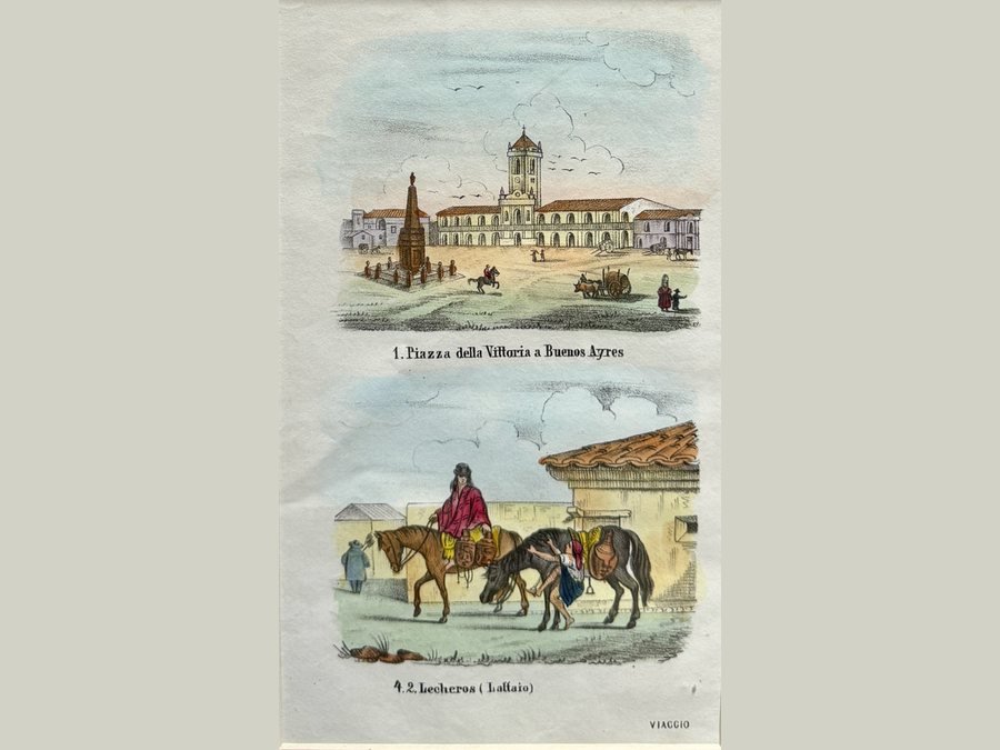 Litografías del «Viaggio» — Plaza de la Victoria y lecheros, iluminadas a mano
